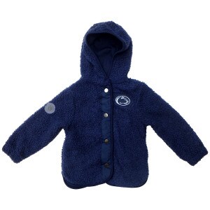 navy toddler fleece jacket with hood and stitched Penn State Athletic Logo on left chest
